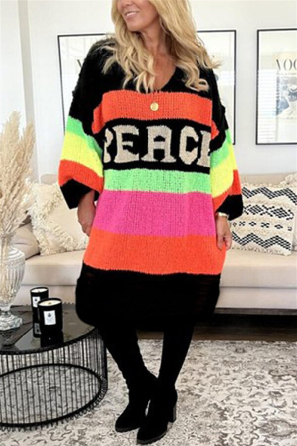 Color Block V-Neck Long Sleeve Boho Sweater Dress - Spirit and Rebel