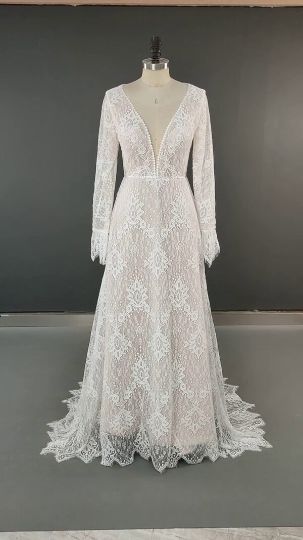 Elegant Boho Floral Lace V Neck Wedding Dress White – Spirit & Rebel