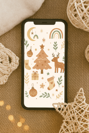20251118_1709_Boho Christmas iPhone Mockup_remix_01kabr1260ffgbqxptc1heggkf Boho Christmas Phone Wallpaper – Cozy Reindeer & Retro Tree Holiday Aesthetic | Instant Download