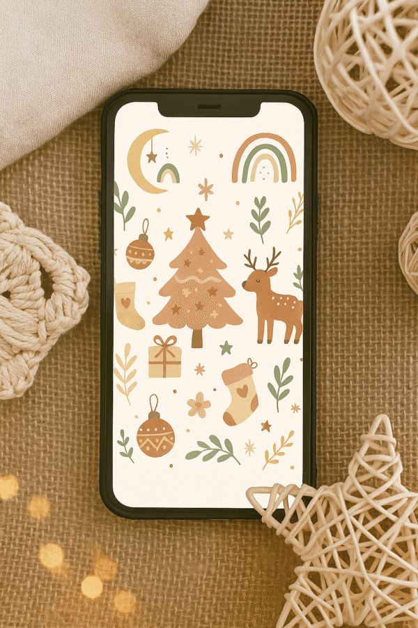 20251118_1709_Boho Christmas iPhone Mockup_remix_01kabr1260ffgbqxptc1heggkf Boho Christmas Phone Wallpaper – Cozy Reindeer & Retro Tree Holiday Aesthetic | Instant Download