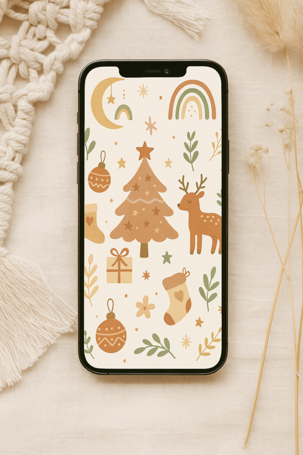 20251118_1709_Boho Christmas iPhone Mockup_remix_01kabr1262fjtrq45z8gh44e4z Boho Christmas Phone Wallpaper – Cozy Reindeer & Retro Tree Holiday Aesthetic | Instant Download