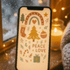 Boho Christmas Phone Wallpaper – Retro Warm ‘Peace & Love’ Holiday Background | Instant Download