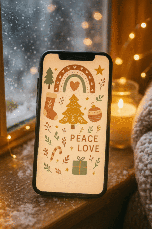 20251118_1735_Warm Christmas Vibes_remix_01kabshxxyfz1rb6j78zrn8z93 Boho Christmas Phone Wallpaper – Retro Warm ‘Peace & Love’ Holiday Background | Instant Download