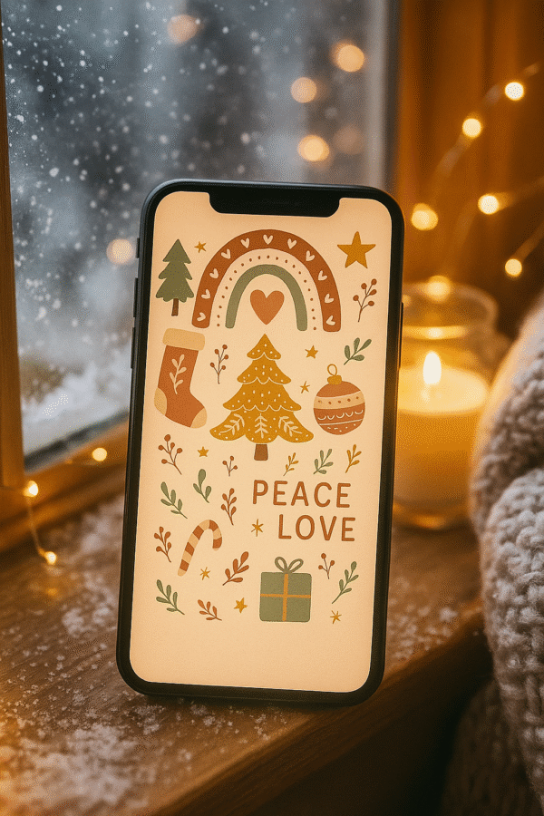 Boho Christmas Phone Wallpaper – Retro Warm ‘Peace & Love’ Holiday Background | Instant Download