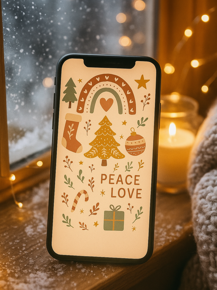 20251118_1735_Warm Christmas Vibes_remix_01kabshxxyfz1rb6j78zrn8z93 Boho Christmas Phone Wallpaper – Retro Warm ‘Peace & Love’ Holiday Background | Instant Download