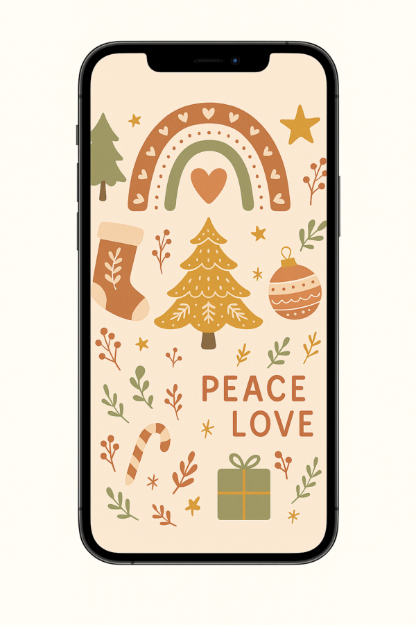 20251118_1743_iPhone Background Mockup_remix_01kabt0wnzfwm8qjdr7n0g0t5b Boho Christmas Phone Wallpaper – Retro Warm ‘Peace & Love’ Holiday Background | Instant Download