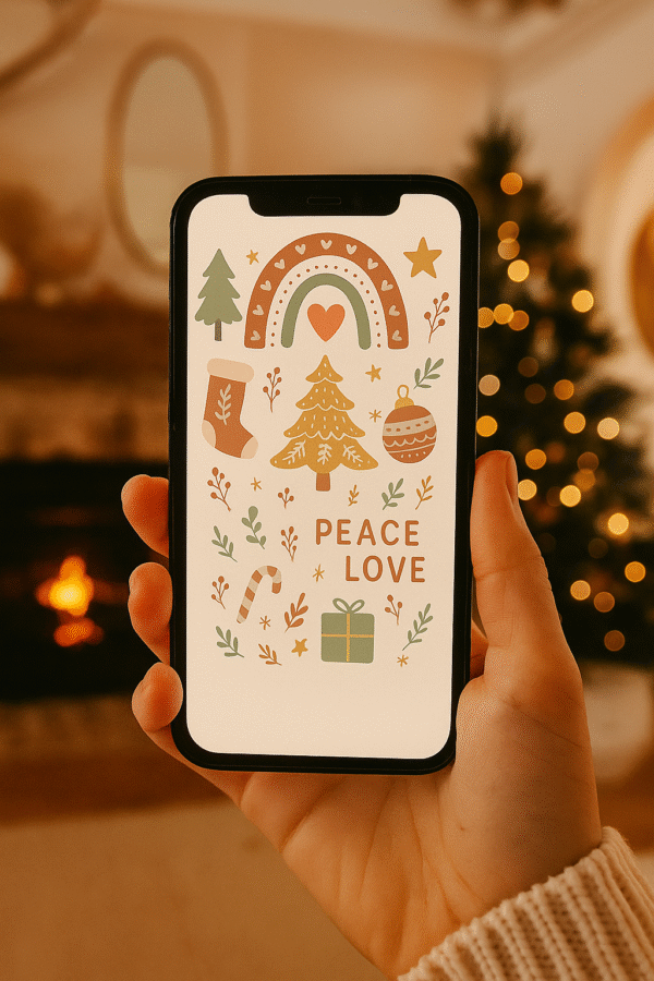 Boho Christmas Phone Wallpaper – Retro Warm ‘Peace & Love’ Holiday Background | Instant Download