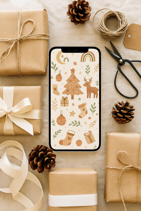 20251118_1907_Festive Phone Wallpaper_remix_01kabys24qfrbadsyxw4acpnbk Boho Christmas Phone Wallpaper – Cozy Reindeer & Retro Tree Holiday Aesthetic | Instant Download