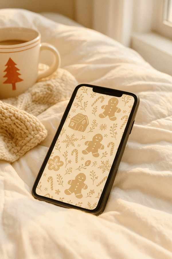 Boho Gingerbread Christmas Phone Wallpaper – Cozy Neutral Holiday Pattern