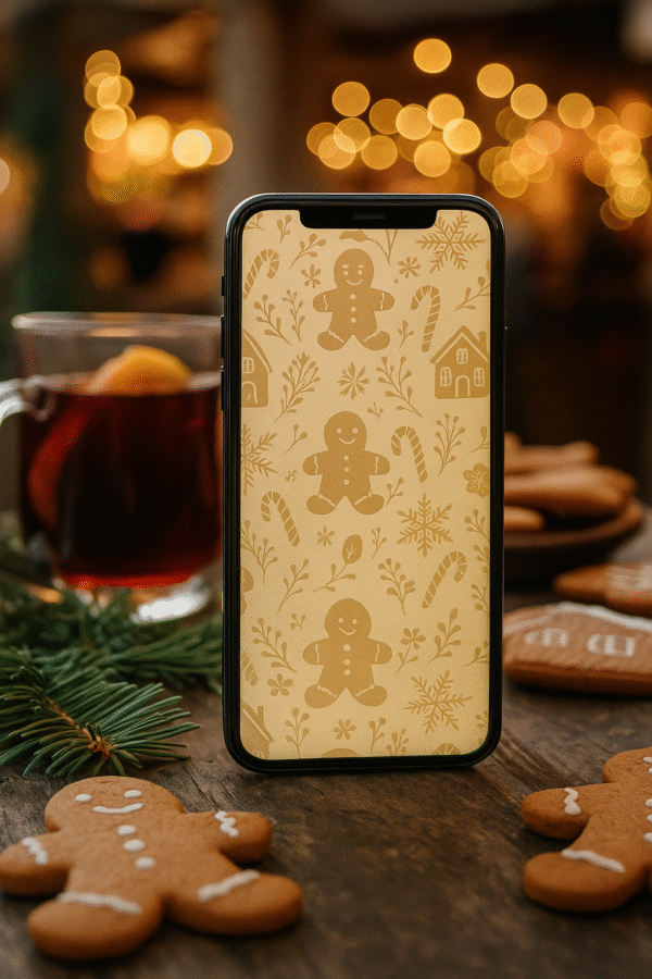 Boho Gingerbread Christmas Phone Wallpaper – Cozy Neutral Holiday Pattern