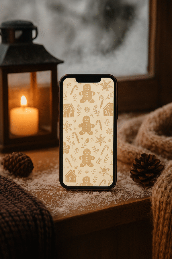 Boho Gingerbread Christmas Phone Wallpaper – Cozy Neutral Holiday Pattern