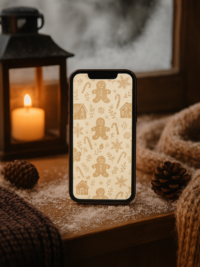 20251118_1923_Cozy Winter Wallpaper_remix_01kabzrbgwf1y9k5czexk5t7wk Boho Gingerbread Christmas Phone Wallpaper – Cozy Neutral Holiday Pattern