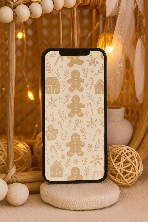Boho Gingerbread Christmas Phone Wallpaper – Cozy Neutral Holiday Pattern
