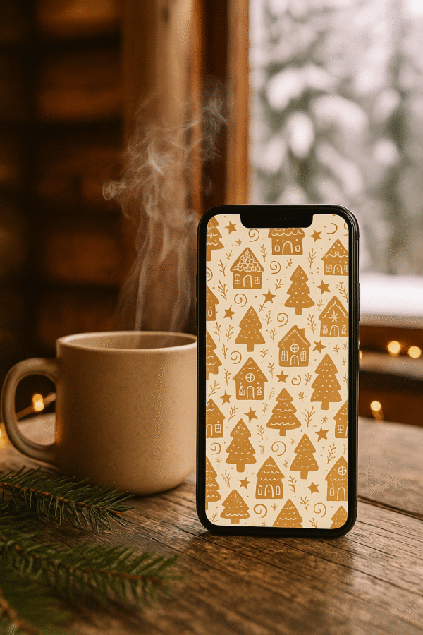 20251118_1958_Cozy Cabin Wallpaper_remix_01kac1qm0jf8x9w3wgyfmw4m3k Boho Gingerbread House Christmas Phone Wallpaper – Cozy Neutral Holiday Pattern | Instant Download