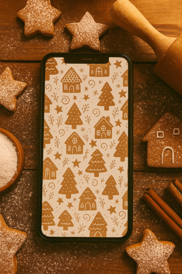 20251118_2006_Festive Gingerbread Kitchen Wallpaper_remix_01kac26m9vej1bjh7vktdthy3y Boho Gingerbread House Christmas Phone Wallpaper – Cozy Neutral Holiday Pattern | Instant Download