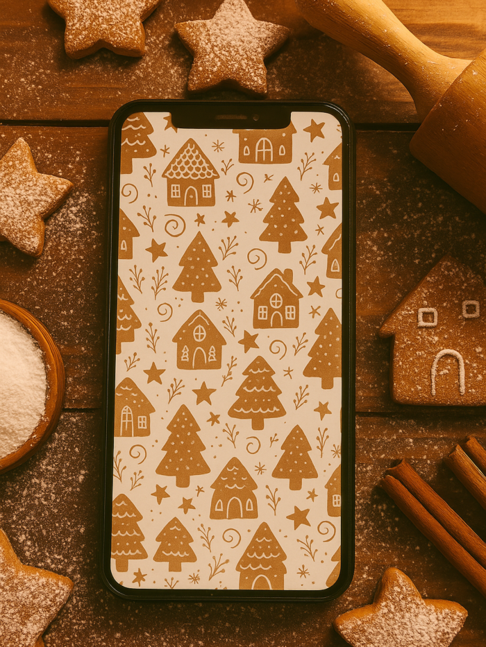 20251118_2006_Festive Gingerbread Kitchen Wallpaper_remix_01kac26m9vej1bjh7vktdthy3y Boho Gingerbread House Christmas Phone Wallpaper – Cozy Neutral Holiday Pattern | Instant Download