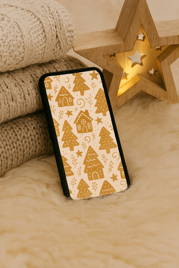 20251118_2014_Nordic Christmas Warmth_remix_01kac2mfa4fwjt0tfxf6adk1qf Boho Gingerbread House Christmas Phone Wallpaper – Cozy Neutral Holiday Pattern | Instant Download