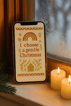 20251118_2041_Cozy Holiday Window_remix_01kac45m3jfd7t5hf9ky64ztfw Boho Christmas Affirmation Phone Wallpaper – “I Choose a Gentle Christmas” Embroidered Design | Instant Download