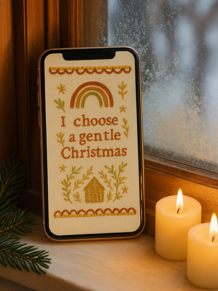 20251118_2041_Cozy Holiday Window_remix_01kac45m3jfd7t5hf9ky64ztfw Boho Christmas Affirmation Phone Wallpaper – “I Choose a Gentle Christmas” Embroidered Design | Instant Download
