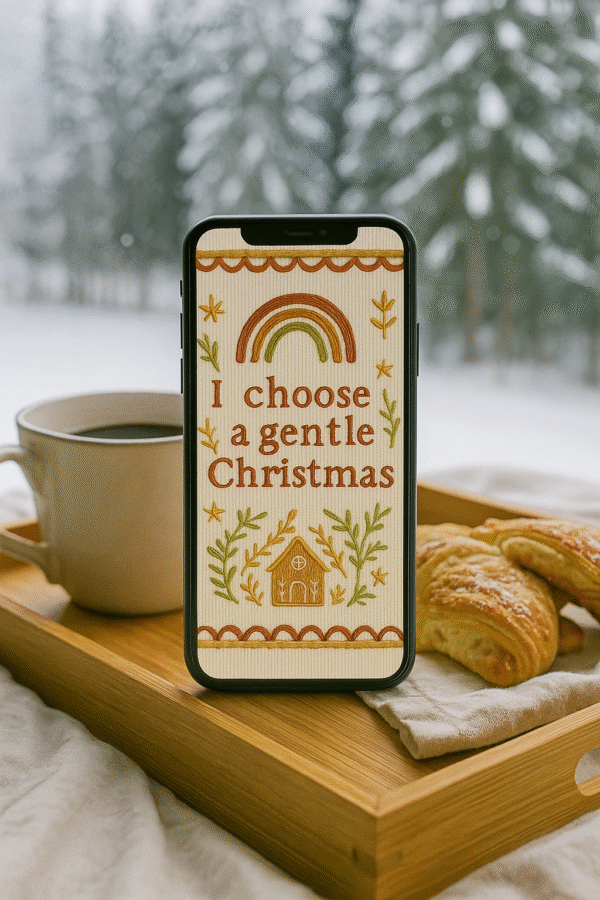 20251118_2047_Cozy Breakfast View_remix_01kac4hqa2fez80mzeqggewkrf Boho Christmas Affirmation Phone Wallpaper – “I Choose a Gentle Christmas” Embroidered Design | Instant Download