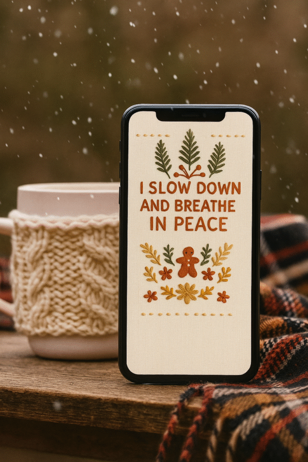 Boho Christmas Embroidered Phone Wallpaper – “I Slow Down and Breathe in Peace” | Cozy Holiday Aesthetic – Gallery image