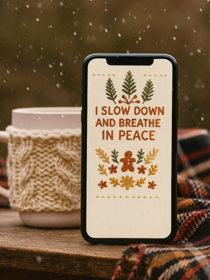Boho Christmas Embroidered Phone Wallpaper – “I Slow Down and Breathe in Peace” | Cozy Holiday Aesthetic – Gallery image