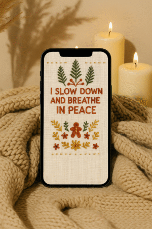 20251118_2337_Cozy Phone Setting_remix_01kace88bxf47bt30wm9zsrecj Boho Christmas Embroidered Phone Wallpaper – “I Slow Down and Breathe in Peace” | Cozy Holiday Aesthetic – Main image