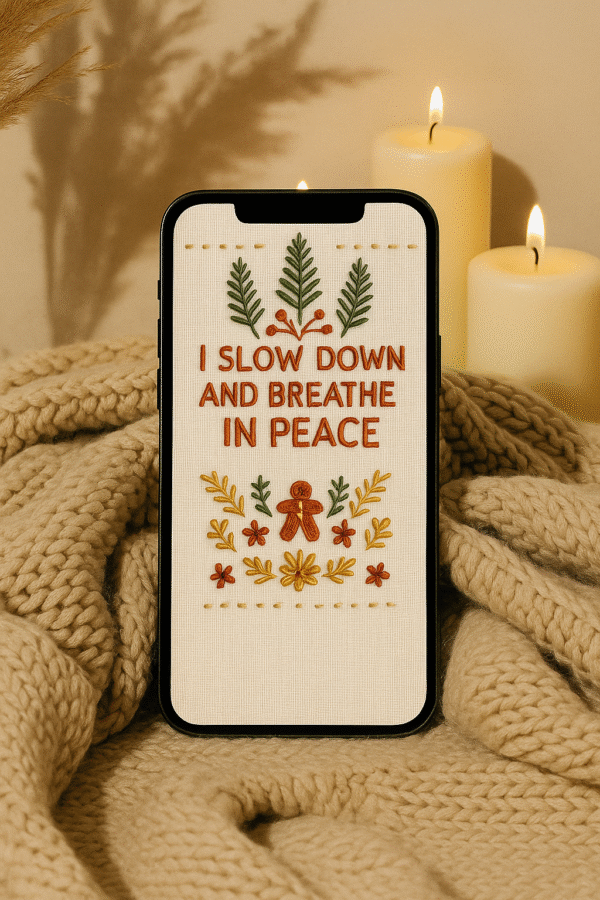 Boho Christmas Embroidered Phone Wallpaper – “I Slow Down and Breathe in Peace” | Cozy Holiday Aesthetic – Main image