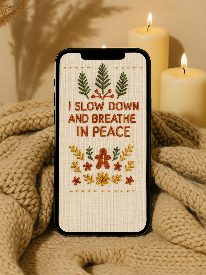 20251118_2337_Cozy Phone Setting_remix_01kace88bxf47bt30wm9zsrecj Boho Christmas Embroidered Phone Wallpaper – “I Slow Down and Breathe in Peace” | Cozy Holiday Aesthetic – Main image