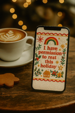 Boho Christmas Embroidered Phone Wallpaper – “I Have Permission to Rest This Holiday” – Main image