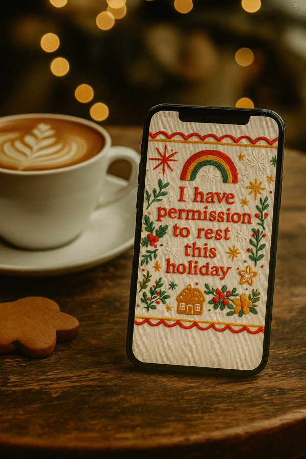 20251118_2347_Cozy Cafe Wallpaper_remix_01kacew9m4egka03bp6s67qf5c Boho Christmas Embroidered Phone Wallpaper – “I Have Permission to Rest This Holiday” – Main image