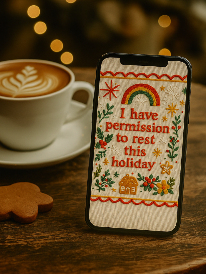 20251118_2347_Cozy Cafe Wallpaper_remix_01kacew9m4egka03bp6s67qf5c Boho Christmas Embroidered Phone Wallpaper – “I Have Permission to Rest This Holiday” – Main image