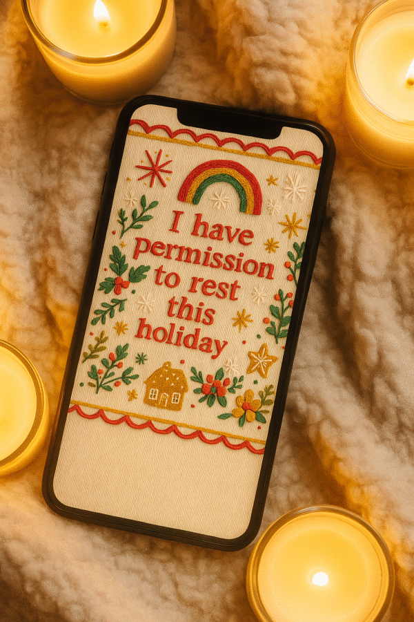 20251118_2351_Cozy Phone Wallpaper Scene_remix_01kacf2xxsf99thgtv78q2ptfh Boho Christmas Embroidered Phone Wallpaper – “I Have Permission to Rest This Holiday” – Gallery image