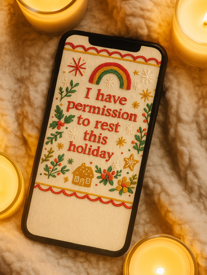 Boho Christmas Embroidered Phone Wallpaper – “I Have Permission to Rest This Holiday” – Gallery image