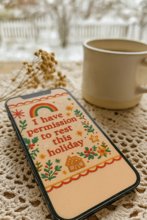 20251118_2352_Holiday Rest Wallpaper_remix_01kacf45bmfbxrx6ja1hmg9j6g Boho Christmas Embroidered Phone Wallpaper – “I Have Permission to Rest This Holiday” – Gallery image