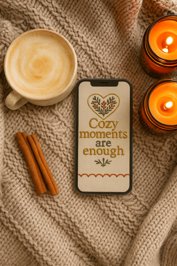 20251119_0004_Cozy Autumn Vibes_remix_01kacftd25e10bx39f11vetjj0 Christmas Quote Phone Wallpaper – “Cozy Moments Are Enough”