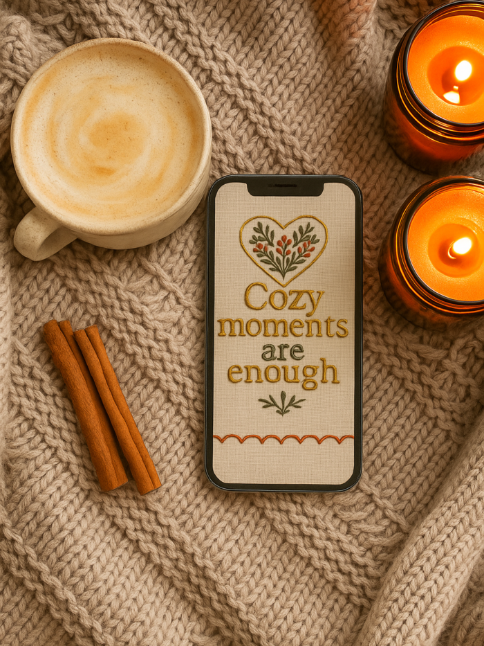 20251119_0004_Cozy Autumn Vibes_remix_01kacftd25e10bx39f11vetjj0 Christmas Quote Phone Wallpaper – “Cozy Moments Are Enough”