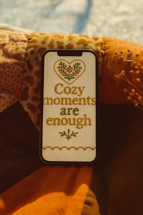 20251119_0007_Cozy Quilt Wallpaper_remix_01kacfz69kfgfb4a4x2d440pk5 Christmas Quote Phone Wallpaper – “Cozy Moments Are Enough”