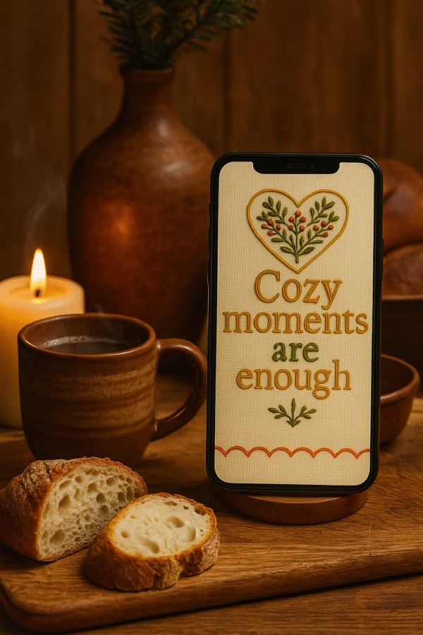 20251119_0008_Cozy Wooden Countertop_remix_01kacg1czbf5xra374pgqwnfnt Christmas Quote Phone Wallpaper – “Cozy Moments Are Enough”