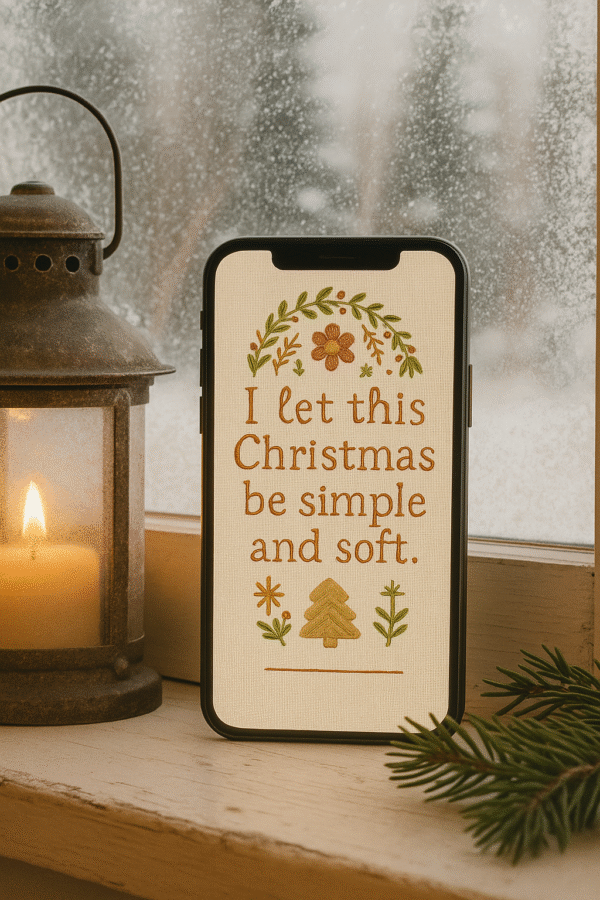 20251119_0022_Cozy Holiday Scene_remix_01kacgvhwnf1rs6zvtskdw71wz Christmas Quote Phone Wallpaper – “I Let This Christmas Be Simple and Soft”