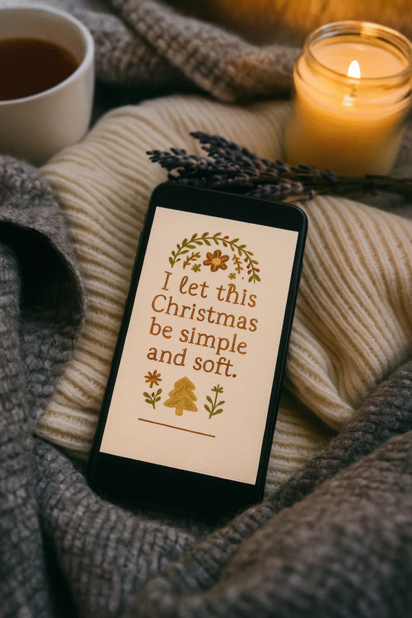 20251119_0024_Cozy Holiday Atmosphere_remix_01kacgy6fsf93sd22c5xh5c16p Christmas Quote Phone Wallpaper – “I Let This Christmas Be Simple and Soft”