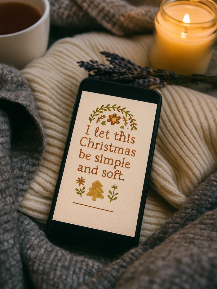 20251119_0024_Cozy Holiday Atmosphere_remix_01kacgy6fsf93sd22c5xh5c16p Christmas Quote Phone Wallpaper – “I Let This Christmas Be Simple and Soft”