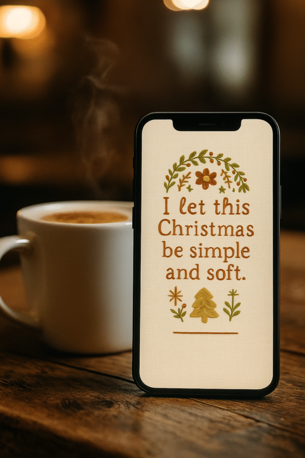 20251119_0025_Cozy Café Ambiance_remix_01kach238je3cbnz34dzbm1mpn Christmas Quote Phone Wallpaper – “I Let This Christmas Be Simple and Soft”