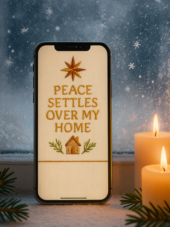 20251119_0029_Cozy Winter Wallpaper_remix_01kach82tpey1983t5ep58r3rx Christmas Quote Phone Wallpaper – “Peace Settles Over My Home”