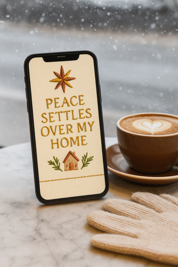 20251119_0039_Cozy Café Moment_remix_01kachtfqzev8reqc33cmk2926 Christmas Quote Phone Wallpaper – “Peace Settles Over My Home”