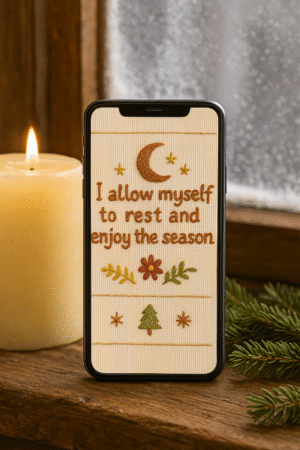 20251119_0043_Cozy Winter Wallpaper_remix_01kacj2pckfx2bqvfnetvc4wdj Embroidered Christmas Quote Phone Wallpaper – “I Allow Myself to Rest and Enjoy the Season”