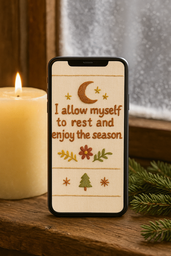 20251119_0043_Cozy Winter Wallpaper_remix_01kacj2pckfx2bqvfnetvc4wdj Embroidered Christmas Quote Phone Wallpaper – “I Allow Myself to Rest and Enjoy the Season”