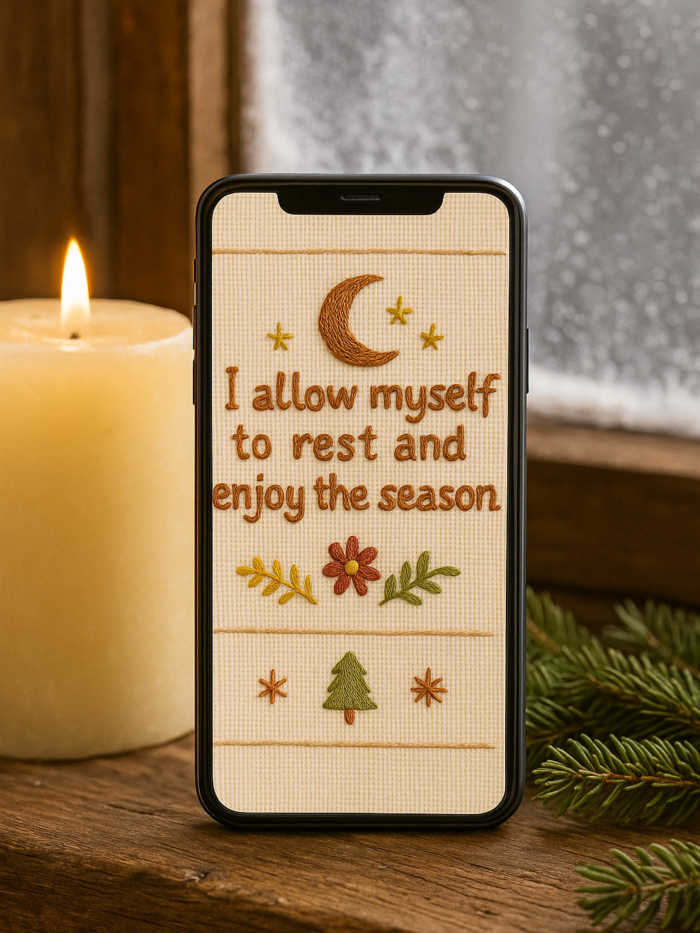 20251119_0043_Cozy Winter Wallpaper_remix_01kacj2pckfx2bqvfnetvc4wdj Embroidered Christmas Quote Phone Wallpaper – “I Allow Myself to Rest and Enjoy the Season”