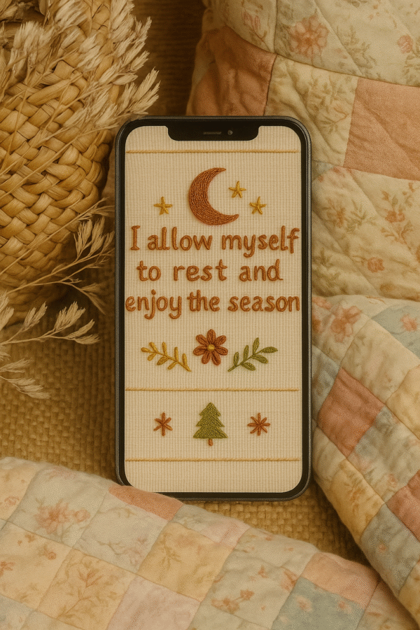 20251119_0045_Boho Cottagecore Wallpaper_remix_01kacj6at0eh3tg42kfn84aab8 Embroidered Christmas Quote Phone Wallpaper – “I Allow Myself to Rest and Enjoy the Season”