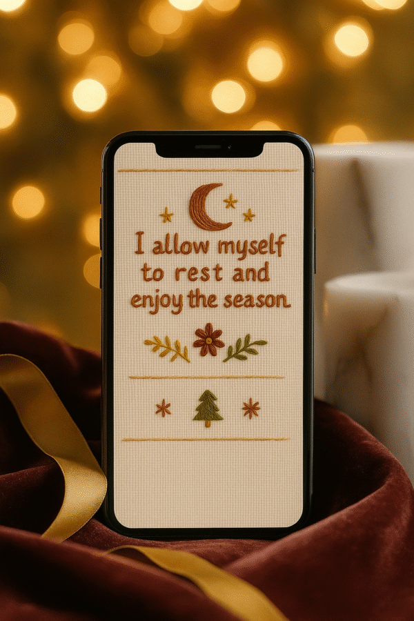 20251119_0046_Velvet Luxury Atmosphere_remix_01kacj7jedfaqv4efh3ephhqs4 Embroidered Christmas Quote Phone Wallpaper – “I Allow Myself to Rest and Enjoy the Season”